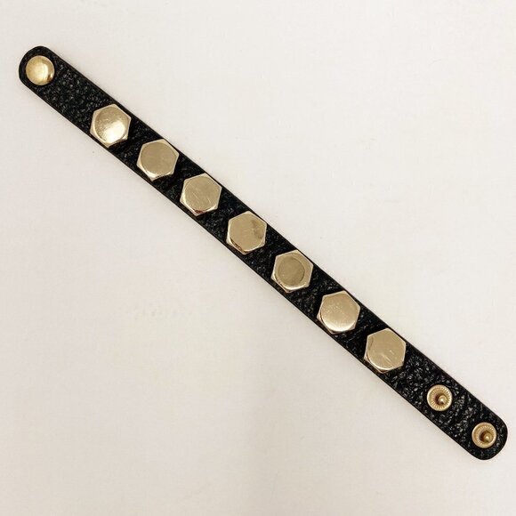 CARA NY | Gold Studded Black Leather Cuff - Picture 2 of 8
